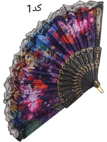 تصویر بادبزن لبه تور مدل گل رنگ سفید و مشکی - کد 