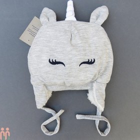 تصویر کلاه بچه گانه نوزاد روگوشی گرم داخل خزدار یونی کورن طوسی Baby warm unicorn hats 