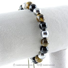 تصویر دستبند سنگ چشم ببر ، حدید و اونیکس tiger eye ، onyx ، Hematite 