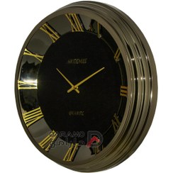 تصویر ساعت دیواری فلزی آرتمیس مدل 2041، ساعت دیواری فلزی و آبکاری شده، دارای طراحی مینیمال و مدرن با بدنه براق، سایز 53، رنگ تیتانیوم و جزییات طلایی 