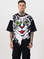 تصویر تیشرت مشکی سایز بزرگ چاپ گربه فراری مردانه M1960 