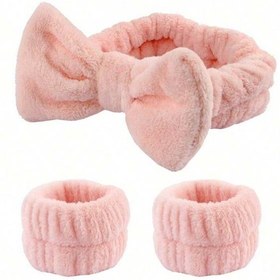 تصویر ست هدبند و مچ بند حوله ای تری - مرجانی Facial headband and wristband