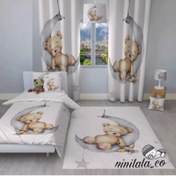 تصویر ست اتاق کودک روتختی پرده و فرشینه طرح خرس کلاهدار 