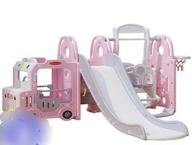 تصویر مجموعه بازی کودکان شامل خانه بازی اتوبوس، سرسره، تاب و پایه بسکتبال برند NTCO کد UN-BS01 Children's play set includes a playhouse, bus, slide, swing, and basketball stand, NTCO ​​brand, code UN-BS01