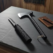 تصویر تبر+کارد+قطب نما+چخماق CATحرفه ای کمپینگ 