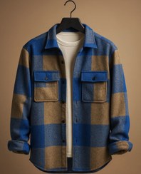 تصویر پیراهن پشمی فوتر کبالتی آبی + کرم گرم با چهارخونه‌های درشت فوق‌العاده خفن| اورجینال دیلم - XL Cobalt blue + cream warm wool footer shirt with super cool large squares | Original Deylam