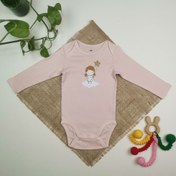 تصویر بادی نوزادی دخترانه آستین بلند برند h and m طرح دخترک گلبهی رنگ 