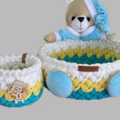 تصویر سبد قلاب بافی تریکو طرح عروسک خرسی مجموعه ۲ عددی 