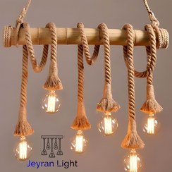 تصویر لوستر آویز 6 شعله مدل چوب بامبو کنفی - خودرنگ روشن 6-flame bamboo hanging chandelier