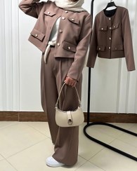 تصویر کت و شلوار زنانه کراپ آوند کد 7456 رنگ کرم و شکلاتی 