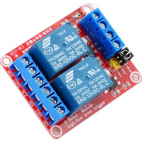 تصویر ماژول رله 2 کانال 12 ولت (برد قرمز) با ورودی اپتوکوپلر 