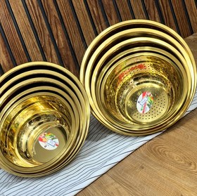 تصویر ابکش و لگن طلایی در 5 سایز Golden colander and basin set in 5 sizes