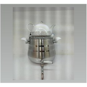 تصویر ست کتری 6 لیتری استیل و قوری چینی در دو طرح Set of 6 liter steel kettle and Chinese teapot in two designs