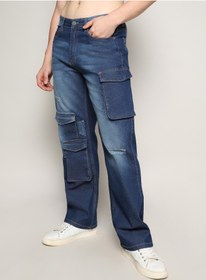 تصویر شلوار جین کمرنگ کارگو مردانه آبی تیره برند campus sutra Men's Dark Blue Utility Cargo Denim Jeans