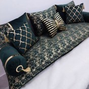 تصویر ست شاه نشین روکش مخمل و چرم و با پارچه طلاکوب،تشک و بالشت و پشتی سنتی - سبز 