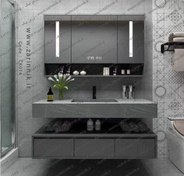 تصویر روشویی سرامیکی مدرن ۱۰۰ سانتی متر با کابین و شلف دیواری 