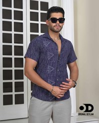 تصویر پیراهن مردانه کلاسیک آستین کوتاه نخی طرح هندسی سرمه‌ای 