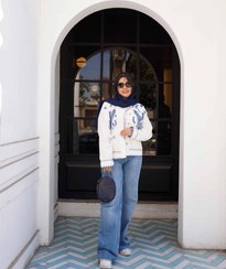 تصویر کت خامه دوزی ترک رنگ سفید آبی طرح سلدا 