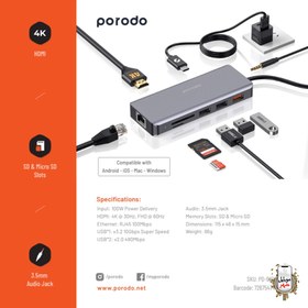 تصویر هاب 9در1 اچ دی ام آی پرودو Porodo 9iN1 4K HDMI Ethernet USB-C Hub PD-91CHB-GY 