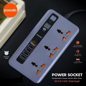 تصویر محافظ ولتاژ پورودو مدل power socket and usb hub Porodo 4 USB Port 3.4A + 1 QC 3.0 with 3 Universal Power Sockets 10A