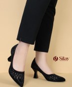 تصویر کفش مجلسی زنانه نگین‌دار توری مشبک پاشنه ۷ سانتی - مشکی / 