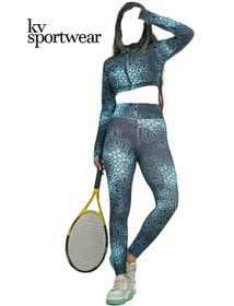 تصویر ست کراپ لگ سلولیتی فینگردار تمام زیپ ورزشی زنانه کد 02 Womens sports crop leg set with fingered full zip code 02