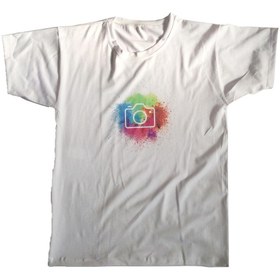 تصویر تی شرت مردانه و زنانه یقه گرد سفید طرح دوربین و رنگ 
