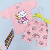 تصویر لباس ست تیشرت شلوارک نخی نوزاد و کودک دخترانه صورتی گربه Baby clothes set 