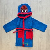 تصویر حوله پالتویی بچگانه طرح اسپایدرمن رنگ آبی قرمز 