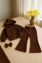 تصویر ست سه تیکه سویشرت وشلوار مخمل کبریتی - سایز 