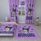 تصویر ست اتاق خواب کودک روتختی، پرده و فرشینه طرح کرومی بنفش 