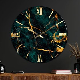 تصویر ساعت دیواری رزینی سبز و طلایی clock wal