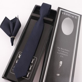تصویر کراوات سرمه ای تیره جودون با دستمال جیب در ۶ رنگ عرض 5.5 سانتیمتر 