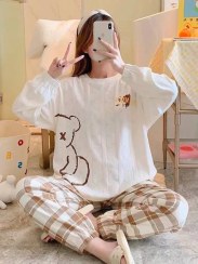 تصویر ست لباس راحتی زنانه دو تیکه بلوز آستین بلند و شلوار پنبه ای 