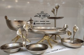 تصویر ست سرویس پذیرایی ۵ تکه پارچه گل لیلیوم شیپوری آلومینیومی 