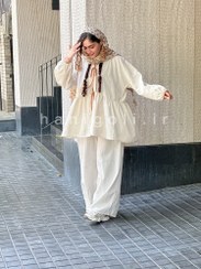 تصویر مانتو عروسکی لینن مدل کارامل حانی گلی اماده ارسال 