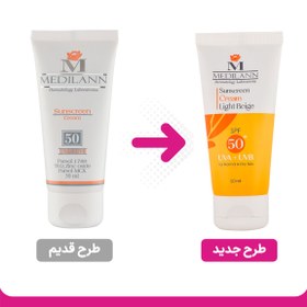 تصویر ضد آفتاب رنگ بژ روشن مناسب پوست خشک 50میل مدیلن MEDILANN SUNSCREEN SPF 50 DRY