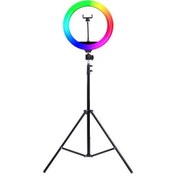 تصویر رینگ لایت رنگی RGB18 به همراه سه پایه، ریموت و هولدر موبایل RGB18 color ring light with tripod, remote and mobile holder