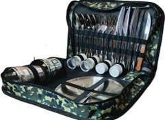 تصویر سرویس 8نفره کامل ظروف کمپینگ استیل با کیف طرح ارتشی| استیل 304 و مقاوم 