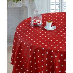 تصویر طرح خالدار قرمز - رومیزی سفره ای 4 نفره گرد قطر 140 رزین تاژ چاپی (آماده سردوز شده) 