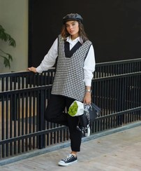 تصویر وست پشمی سایز بزرگ کد296 وست پشمی پیردوپل سفید ومشکی