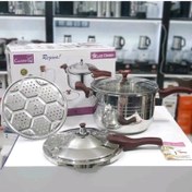 تصویر زودپز روگازی 3کاره دسینی دسته دار استیل 9لیتری دارای درب شیشه ای پیرکس و توری بخار پز مارک دسینی 