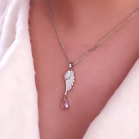 تصویر گردنبند آویز طرح بال فرشته (Angel Wing) نگین صورتی زنانه / دخترانه | رنگ ثابت شیک 