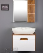 تصویر روشویی کابینت و آینه باکس 60*40 طرح سفید چوب بیضی آرمیتاژ 