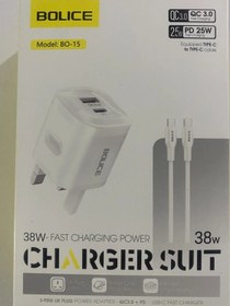 تصویر آداپتور فست‌ شارژ 38w به همراه کابل دوسر تایپ c برند بولیس‌ Adaptor 38w fast charging with a cable