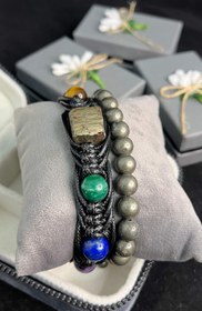 تصویر پیریت راف دستبنت‌هفت‌چاکرا با چرم و پیریت