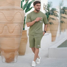 تصویر ست تیشرت و شلوارک بیسکویتی مردانه رنگ سبز Mens biscuit t-shirt and shorts set green color