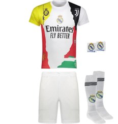تصویر کیت منتخب رونالدو سایز بچگانه و بزرگسال به همراه جوراب و مچبند رئال مادرید 