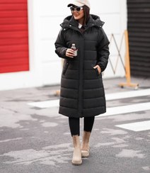 تصویر کاپشن بلند زنانه آتریسا کلاهدار مشکی 