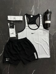 تصویر پکیج کد E1231 شامل رکابی + شلوارک + شیکر ۳ تیکه + جوراب + هدبند با تم سفید مشکی 